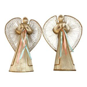 Vintage Straw Angels – 1986 & 1987 Set of 2 Handmade Corn Husk Figurines with Ri
